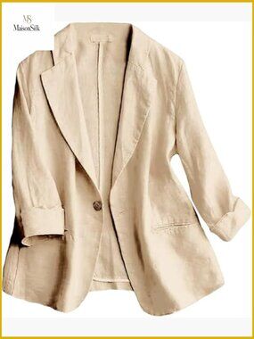 Linen Blend Blazer 3/4 Sleeve Lightweight Business Casual Jacket